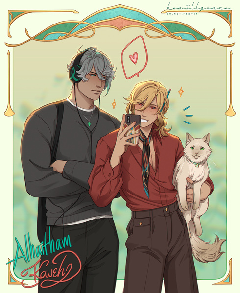 half body, 2 characters, 2 accessories (illustrated frame &amp; cat) = $265 total