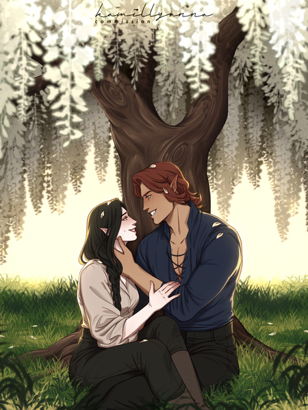 illustrated for @ashbreseewrites - half body, 2 characters, scenery background = $260